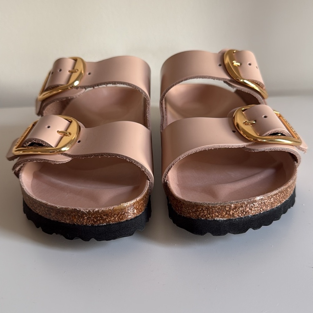 BIRKENSTOCK Arizona Big Buckle High Shine Leather Slide Sandals Nude 39 8-8.5 - Picture 11 of 16